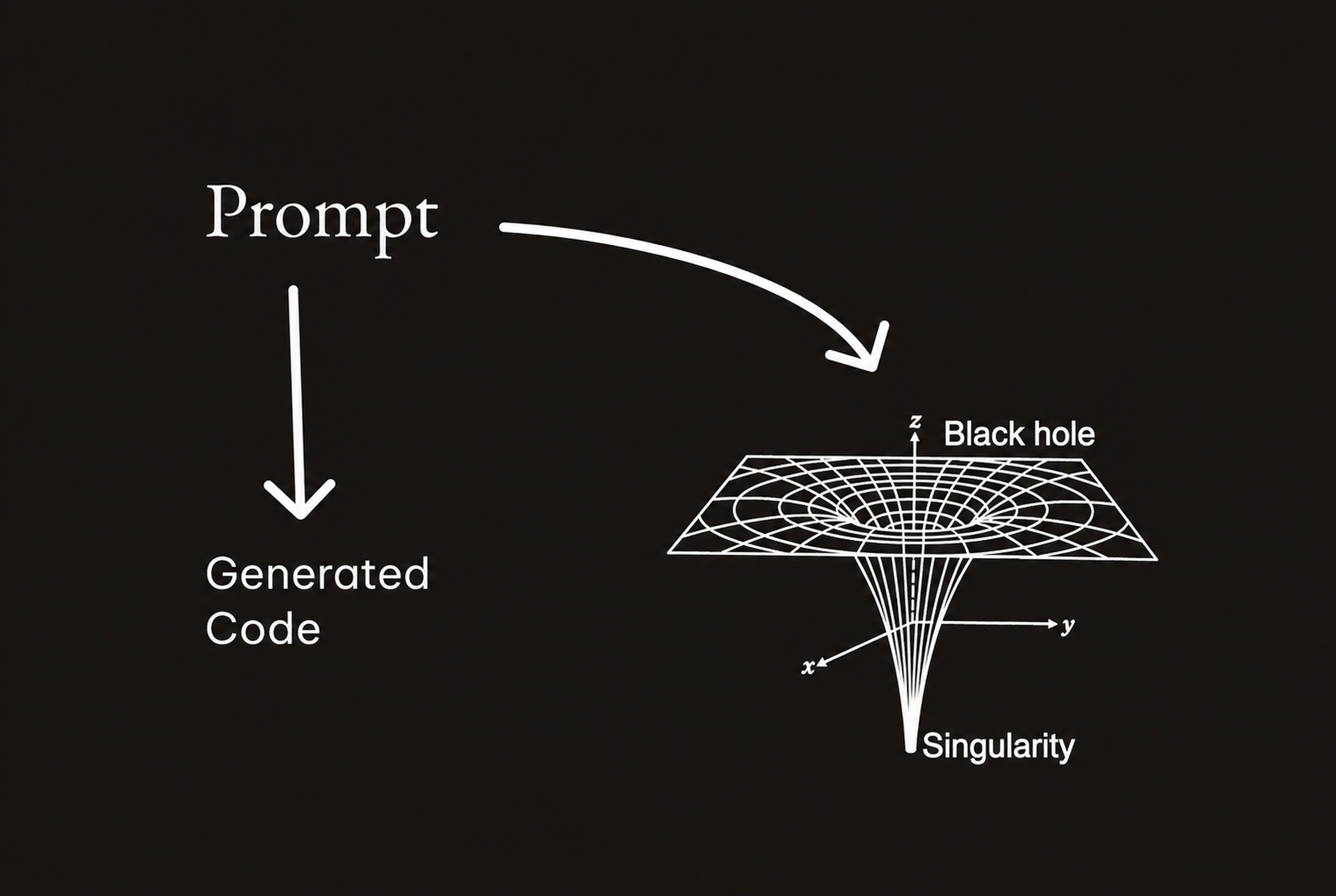 Prompt leads to generated code and a black hole representing lost business intent
