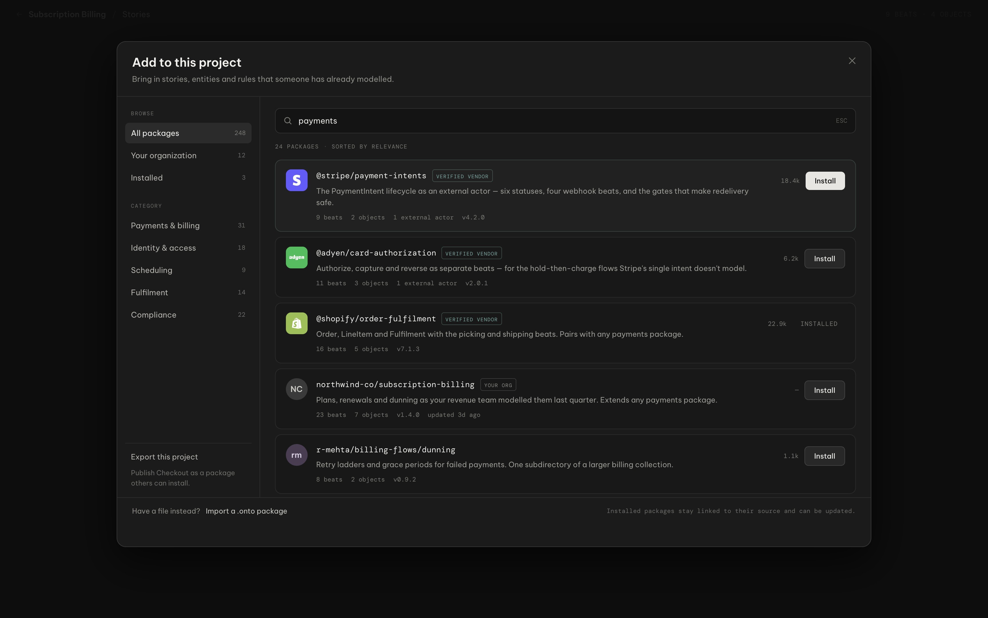 Onto Hub package browser showing community domain and utility packages available to install