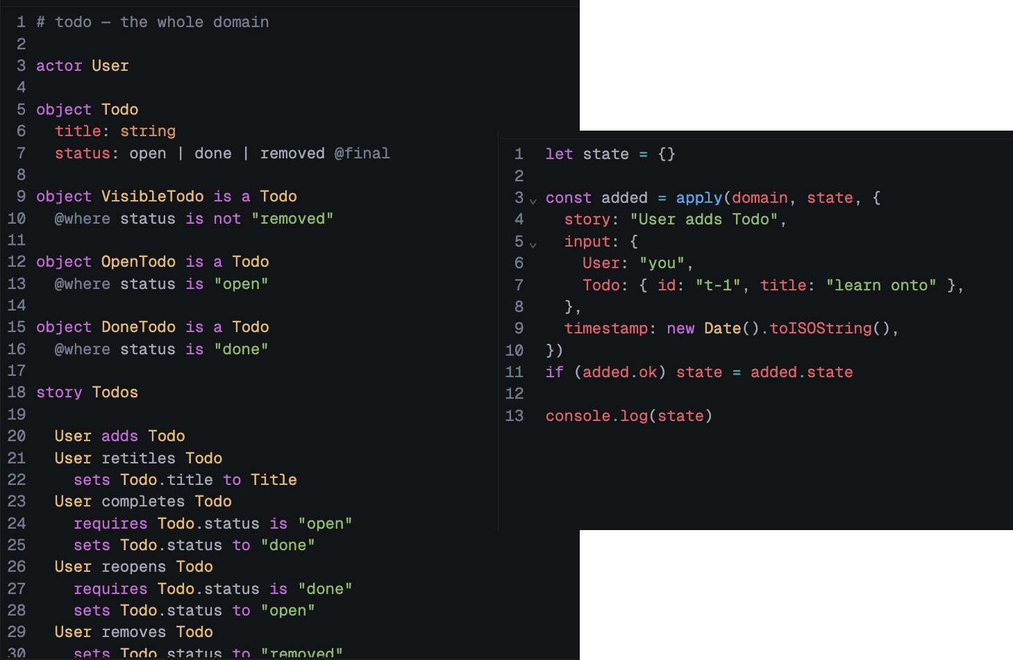Onto domain definition beside SDK code applying a Story to application state